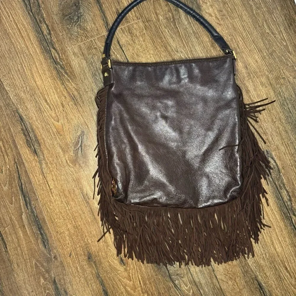 Tory Burch Dark Brown Fringed Leather Suede Hobo Bag